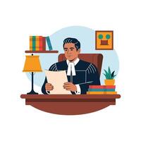 Judge reviewing legal documents in chambers illustration vector