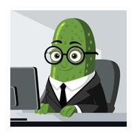 Business Cartoon Pickle Character Working on Computer Illustration vector