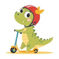 Cute crocodile in a helmet riding a scooter. Happy character on a scooter. children illustration isolated on white background. vector
