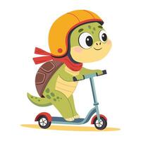 A cute turtle in a helmet riding a scooter. Happy character on a scooter. children illustration isolated on white background. vector