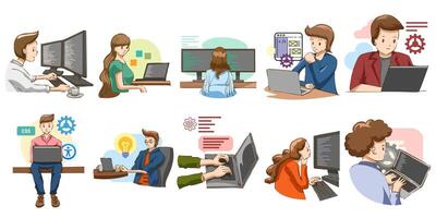 Software engineer set collection graphic clipart design featuring software development, coding, and programming-related illustrations for tech-themed projects vector