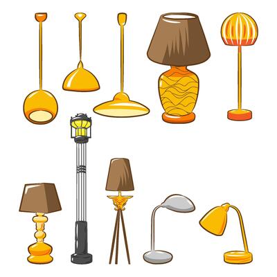 Lamp graphic design featuring various types of lamp illustrations for interior design