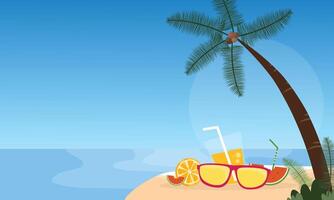 Tropical beach with palm tree and drinks vector