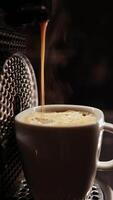 fechar-se do espresso máquina fermentação café, com fresco café gotejamento a partir de bicos. destacando processo do fazer aromático café expresso. conceito do perfeito fermentar, café preparação. vertical cenas video