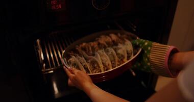 shows cooking a delicious oven meal, capturing anticipation video
