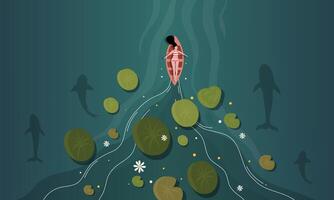 A woman is floating in the water with a fish vector