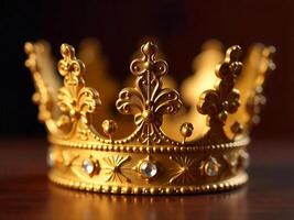 Ornate Golden Crown with Jewels Resting on Wooden Surface photo