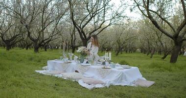 Enjoy a sophisticated and elegant outdoor picnic surrounded by a beautiful blooming orchard video