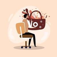 Sitting Man With Big Coffee Cup And Autumn Leaves vector