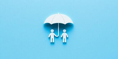 Cute flat style icon of family under protective umbrella on blue background photo