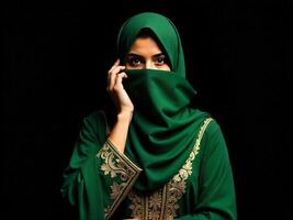 Woman in Green Hijab Covering Face Against Dark Background Portrait photo