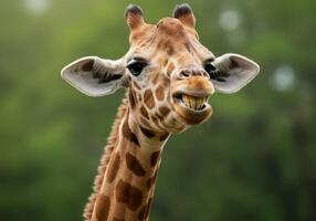 Giraffe Smiling Showing Teeth Close Up Portrait Against Green Background photo