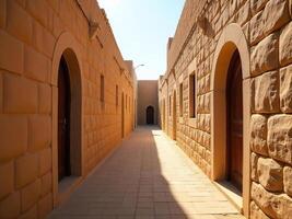 Walking Through Historical Alleyway with Stone Buildings and Warm Sunlight photo