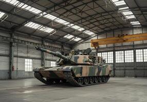 Tank in Hangar Awaiting Deployment and Showing Camouflage Design photo
