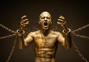Man Shouting with Chains and Golden Body Paint Symbolic of Struggle photo
