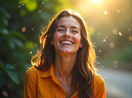 Happy Woman Laughing Outdoors in Warm Sunlight with Bokeh Effect photo