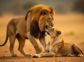 Lion and Lioness Together in the African Savanna Touching Noses photo