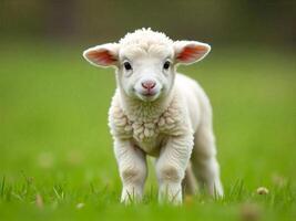 Cute Lamb Standing in Green Grass Looking at the Camera photo