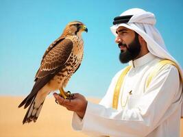 Man Holding Falcon in Desert Under Bright Sky Middle Eastern Culture photo