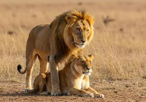 Observing Lion and Lioness Couple Resting on Savannah Grassland Together photo