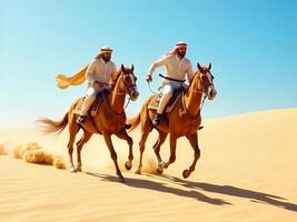 Two Arab Men Riding Horses Galloping Fast Across Desert Sands photo