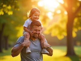 Father Carrying Daughter on Shoulders in Sunlit Park Enjoying Quality Time photo