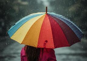 Woman Walking in Rain Under Colorful Umbrella During a Rainy Day photo