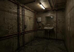 Exploring a Dark Abandoned Bathroom with Peeling Paint and Exposed Piping photo
