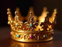 Ornate Golden Crown with Jewels Shining Light on Dark Background photo