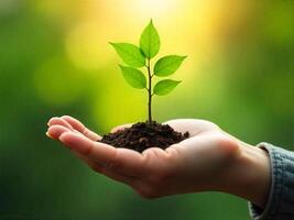 Holding Small Plant Sprout in Hands Symbolizing Growth and New Life photo