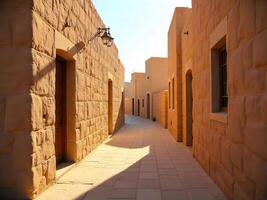 Walking Down a Desert Town Street with Sandstone Buildings and Sunlight photo