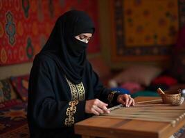 Woman Weaving on Loom in Traditional Middle Eastern Setting Indoors photo