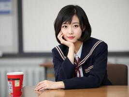 Young Asian Student Posing in Uniform in Classroom with Food Cup photo