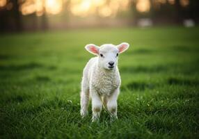 Cute Lamb Standing in Green Field with Soft Golden Sunlight photo