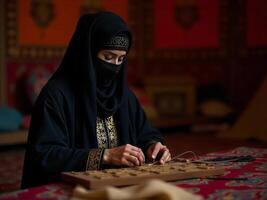 Woman Weaving Traditional Craft Wearing Niqab in a Cultural Setting photo