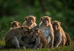 Monkey Family Portrait in Natural Habitat Watching Camera in Greenery photo