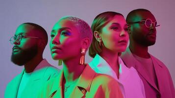 Diverse group of stylish individuals under aura-inspired lighting, showcasing confidence, identity, and futuristic visual aesthetics with bold color contrasts. photo