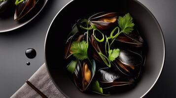 Closeup of freshly cooked mussels in an Asian-style presentation with herbs in a matte black bowl on a dark background. Sophisticated and flavorful seafood dish. . photo