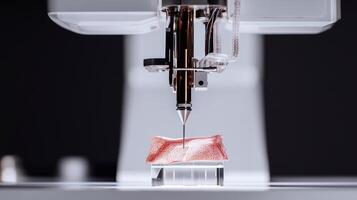 Advanced bioprinting machine creating artificial skin layer for transplant, symbolizing futuristic tissue engineering, medical innovation, and regenerative science. . photo