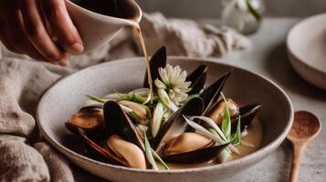 Close-up of mussels served in a creamy garlic broth with spring onions and edible flowers, hand pouring sauce into the bowl, set on a rustic fabric background. . photo