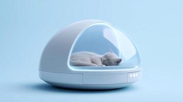 Futuristic smart cat pod with soft bedding and glowing light in minimal style. Modern AI pet house design for luxurious rest and comfort. photo