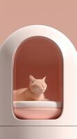 Content orange cat relaxing in modern smart pet pod with soft cushion inside a stylish capsule-shaped pet house. Minimal cozy design for luxury cat furniture and hotel use. . photo