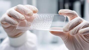 Close-up of medical gloved hands holding a synthetic skin graft on a transparent slide, highlighting innovation in tissue engineering, biotechnology, and regenerative medicine. photo