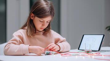 Focused child working on a robotics project with wires and microcontrollers, exploring STEM education and technology skills in a modern learning environment. photo