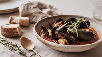 Bowl of fresh mussels served in rich tomato sauce, garnished with herbs, accompanied by rustic bread and a golden spoon, styled in a warm, elegant dining setup. photo