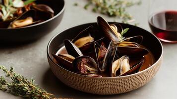 Mussels in tomato sauce with sun-dried tomatoes, served in a textured bowl with herbs, accompanied by red wine. Refined seafood presentation in elegant setting. photo