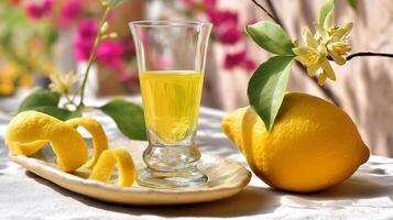 Bright and refreshing glass of limoncello with lemon, zest, and citrus blossoms on a sunlit table, capturing the essence of Italian summer and flavor. photo