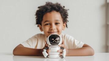 Smiling child holds a small robot, symbolizing early education in robotics, STEM learning, and the future of technology through playful interaction. photo