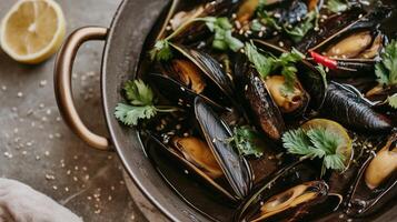 Close-up of mussels in an Asian-style broth with cilantro, sesame seeds, chili, and lemon slices, served in a dark pan with bronze handles, showcasing a rich and flavorful seafood dish. photo