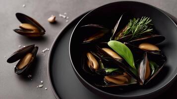 Stylish mussels served in a matte black bowl with fresh herbs on a dark modern background, showcasing minimalist Nordic-inspired food styling. photo